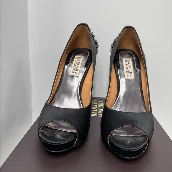 Badgley Mischka Black Satin Peep Toe Heels - Picture 3 of 3